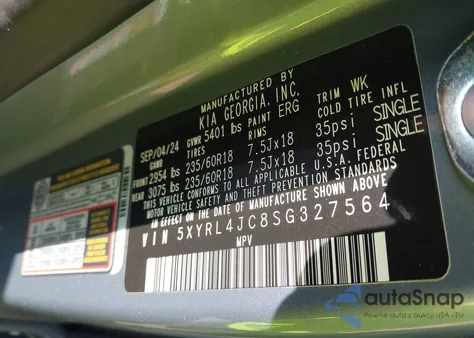 2025 Kia Sorento S из США, поврежденный, VIN 5XYRL4JC8SG327564